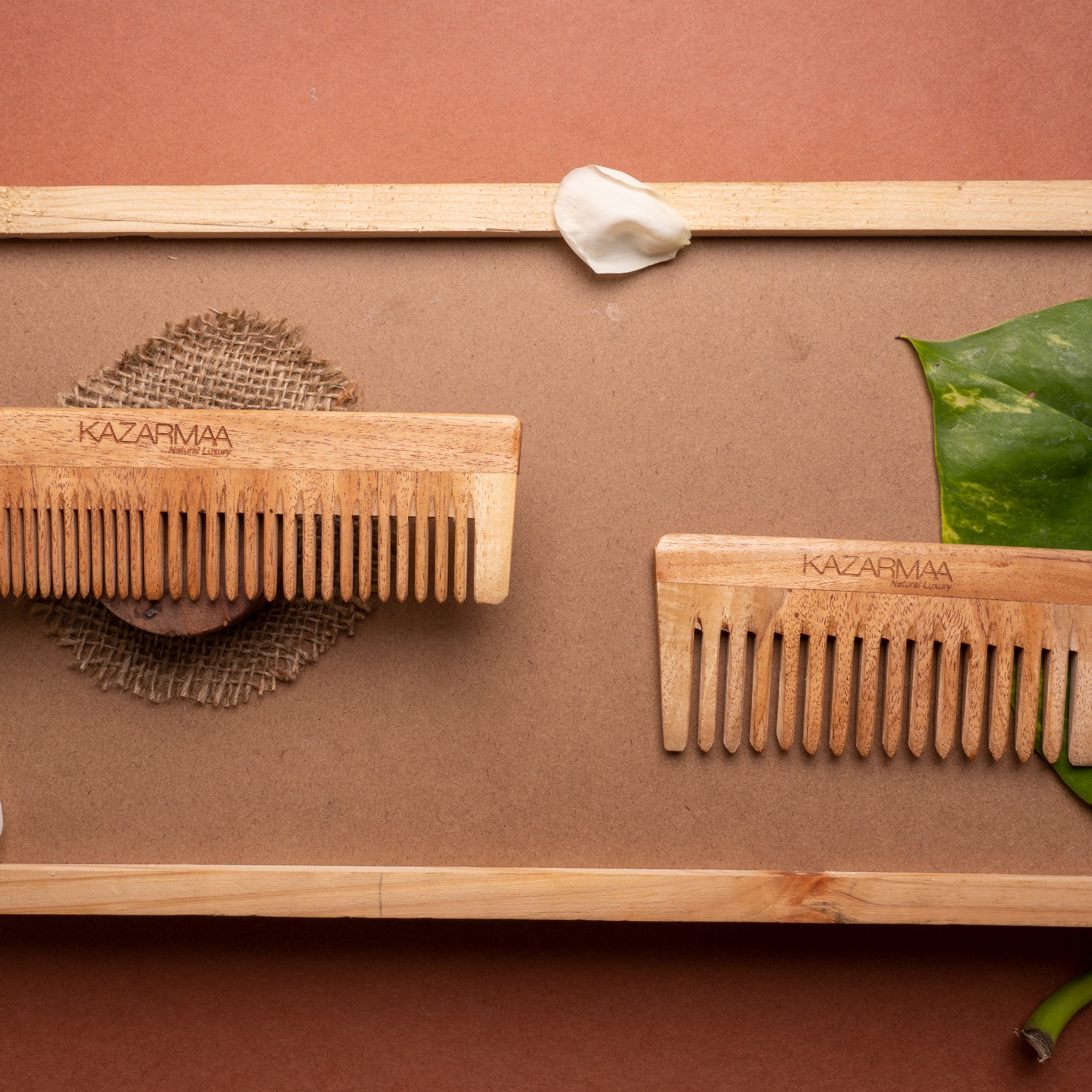 Kazarmaa Pack of 2 Natural neem wood comb (Regular handle + Medium detangler)